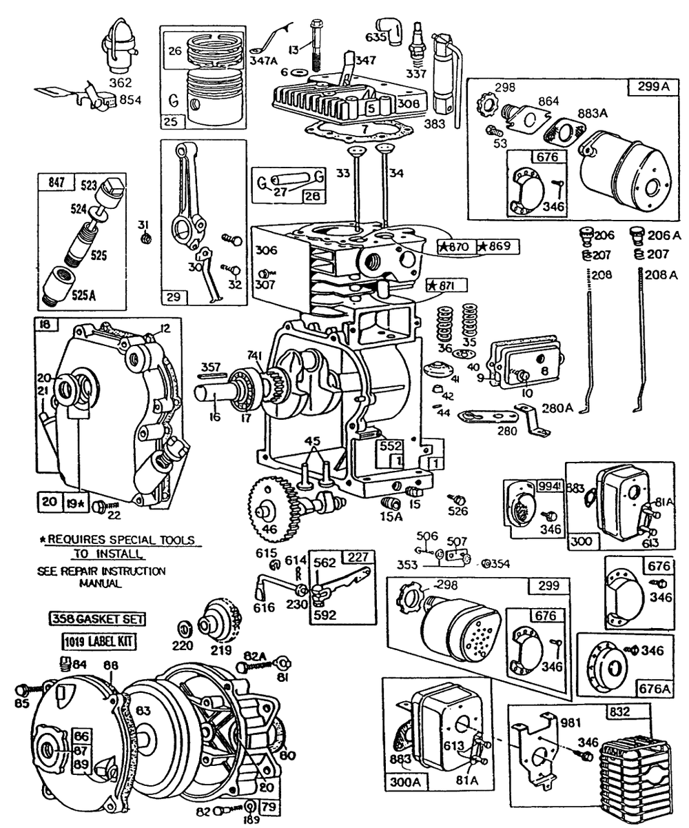 Cylinder, Piston, Mufflers Diagram and Parts List for 82232-0157-01  Briggs and Stratton Engine